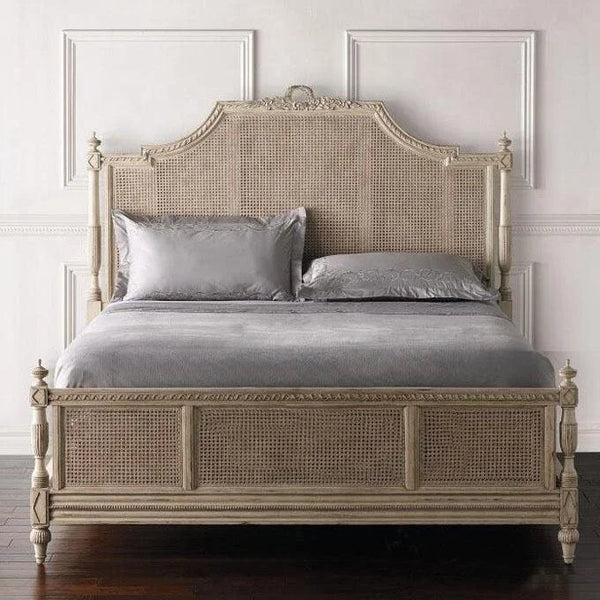 Antique-Style French Rattan Bed – Hand-Carved Wooden Cane Design