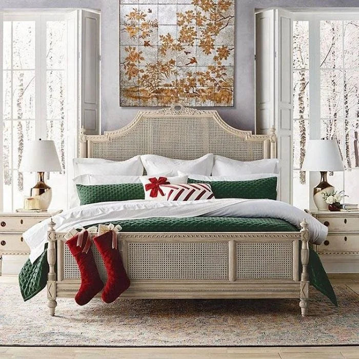 Antique-Style French Rattan Bed – Hand-Carved Wooden Cane Design