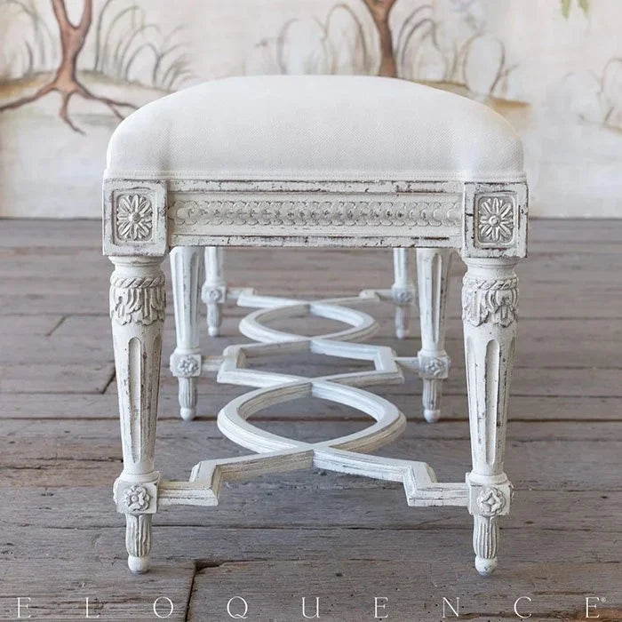 French Country Antique-Style Upholstered Bed-End Bench