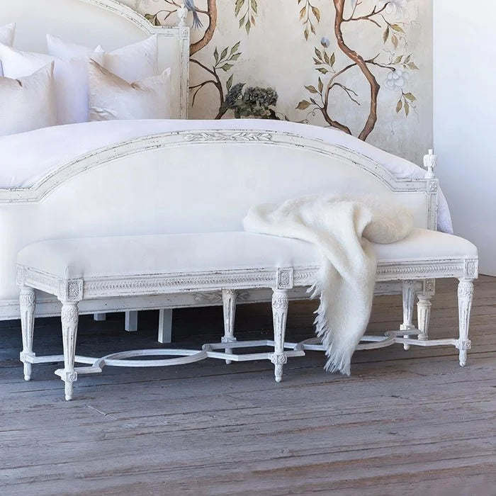 French Country Antique-Style Upholstered Bed-End Bench