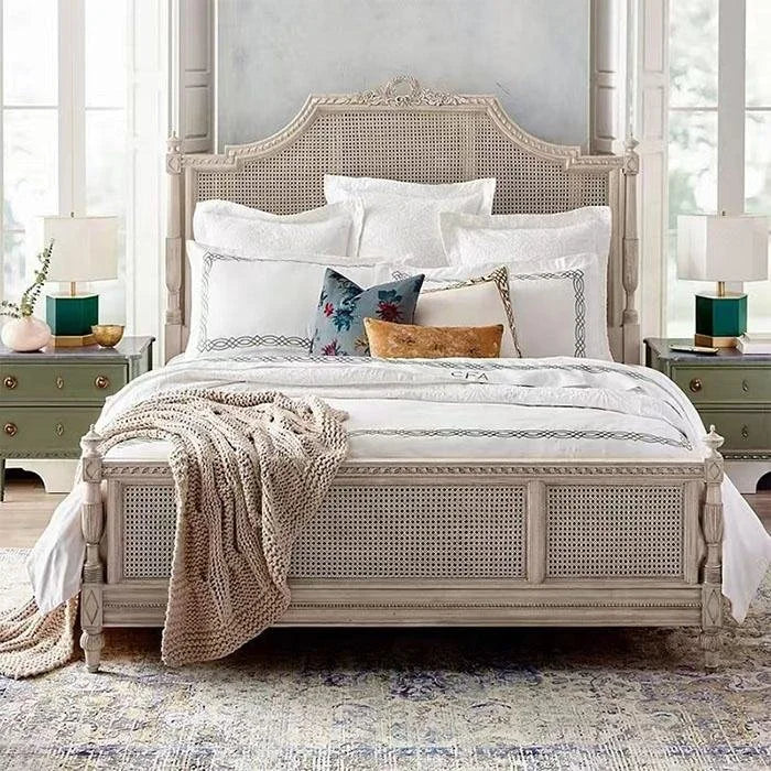 Antique-Style French Rattan Bed – Hand-Carved Wooden Cane Design