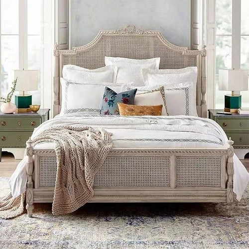 Antique-Style French Rattan Bed – Hand-Carved Wooden Cane Design