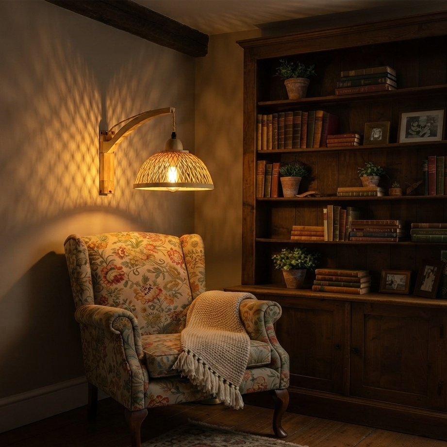 Adjustable Wooden Swing Arm Wall Lamp with Woven Bamboo Shade