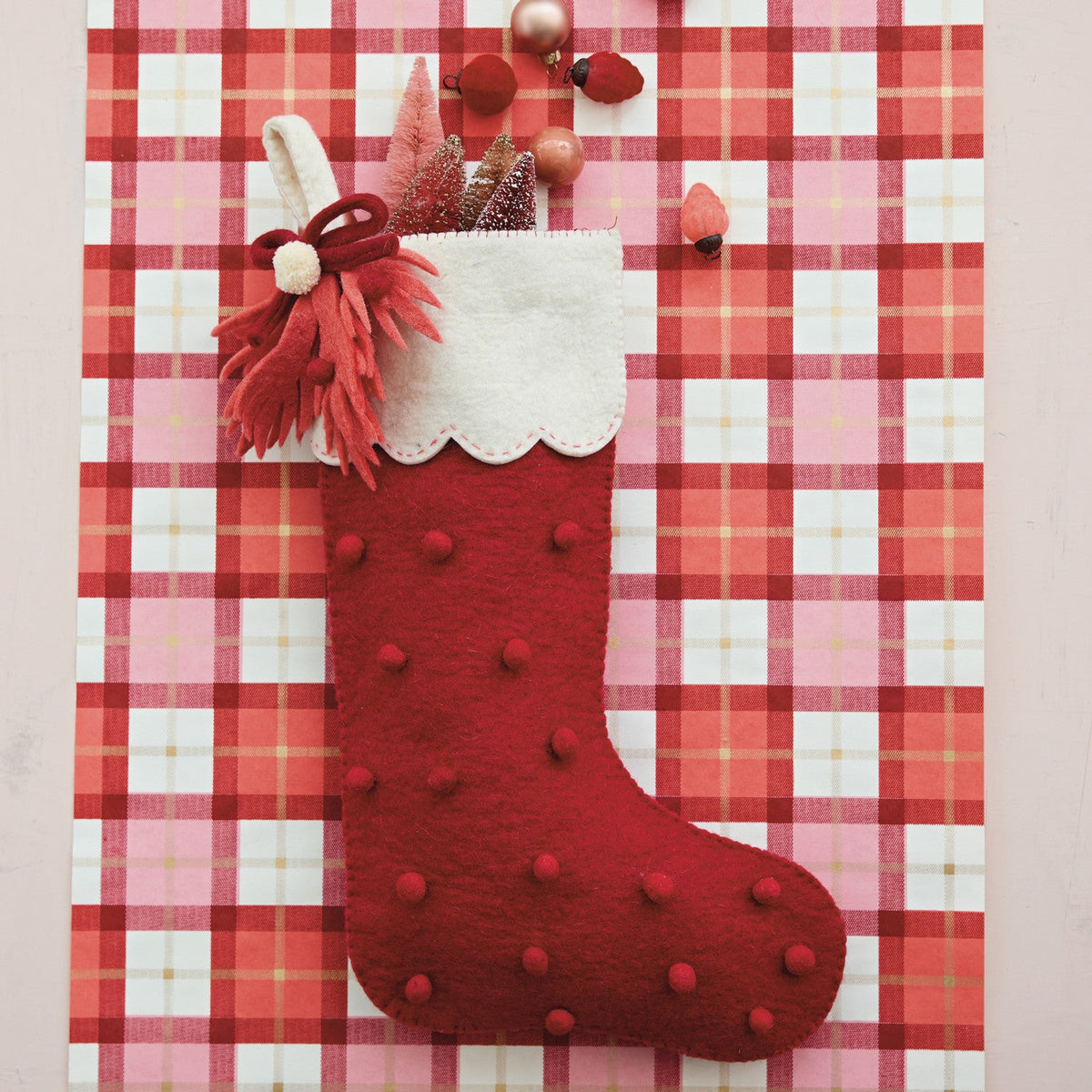 18" Handmade Wool Felt Christmas Stocking with Scalloped Cuff, Pom Pom, Bow & Leaves