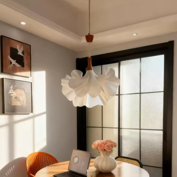 Epiphyllum Acrylic Petal Pendant Light with Walnut Wood Accents