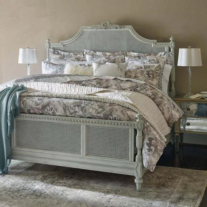 Antique-Style French Rattan Bed – Hand-Carved Wooden Cane Design