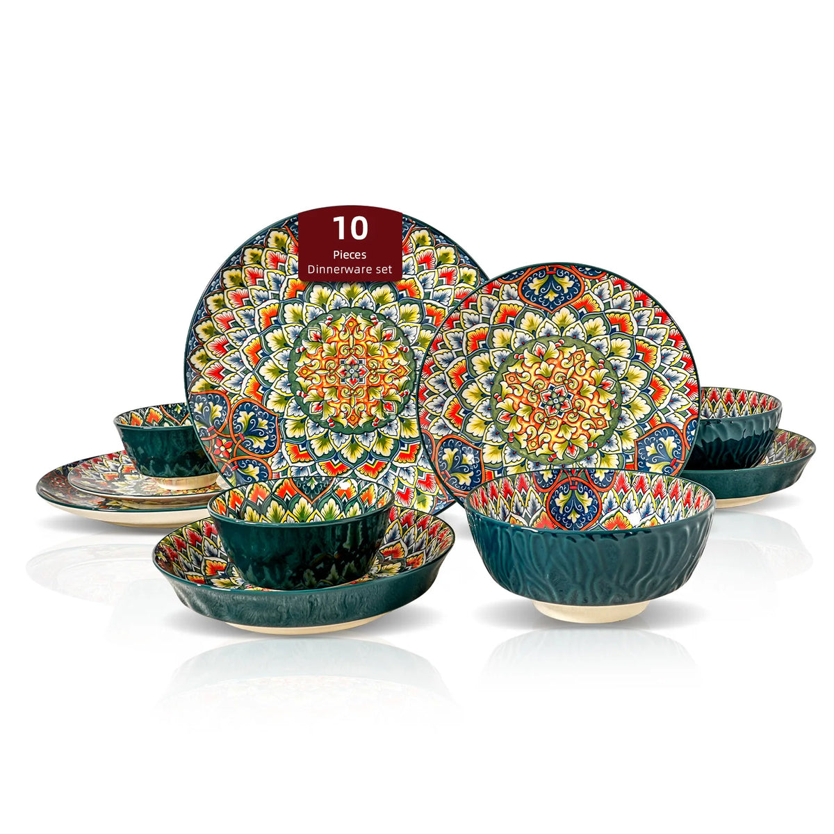 Verdant Bohemian 10-Piece Stoneware Dinnerware Set