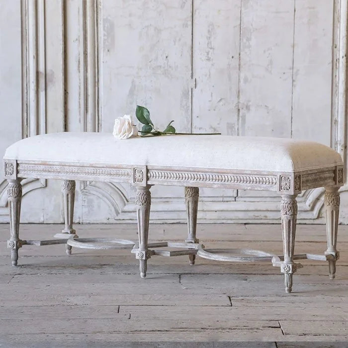 French Country Antique-Style Upholstered Bed-End Bench