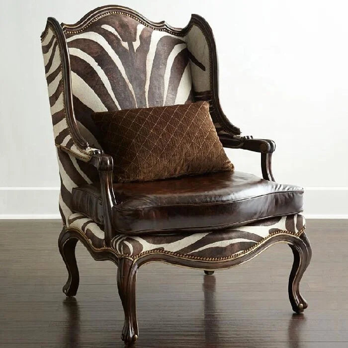 French Wooden Zebra Cowhide Genuine Leather Lounge Armchair – Modern Luxury Accent Chair