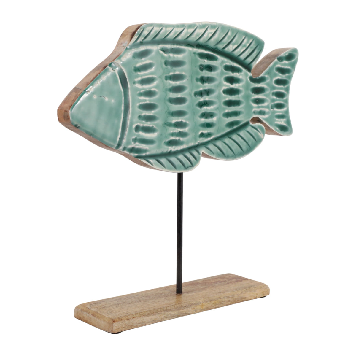 Portofino Blue Handcrafted Wood Fish Sculpture on Mango Wood Base