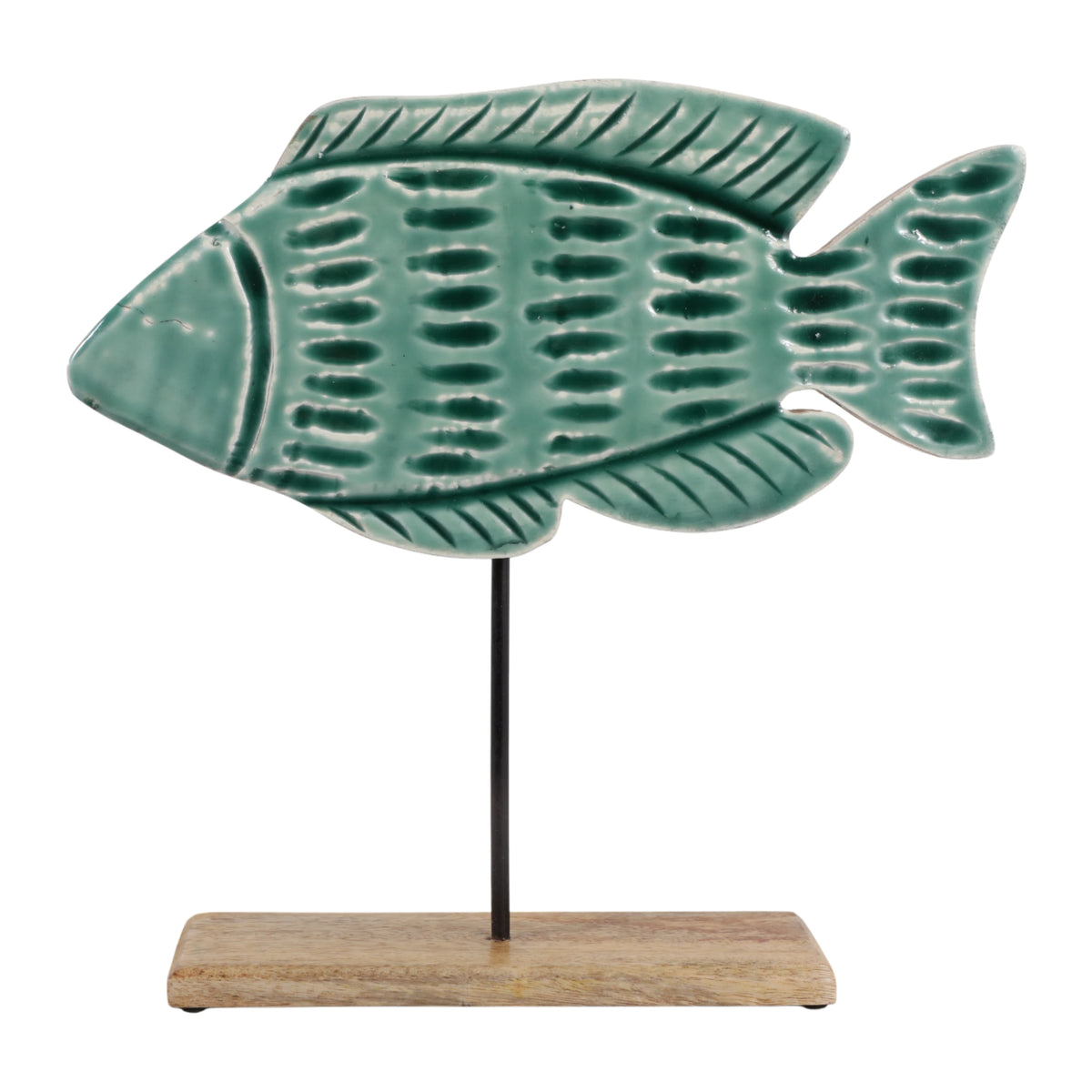 Portofino Blue Handcrafted Wood Fish Sculpture on Mango Wood Base
