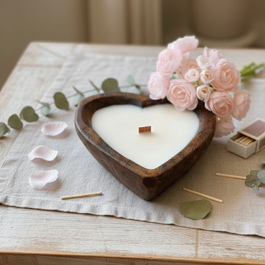 Bougie dans un bol en bois | Bougie à la cire de soja | Bougie dans un bol en forme de cœur