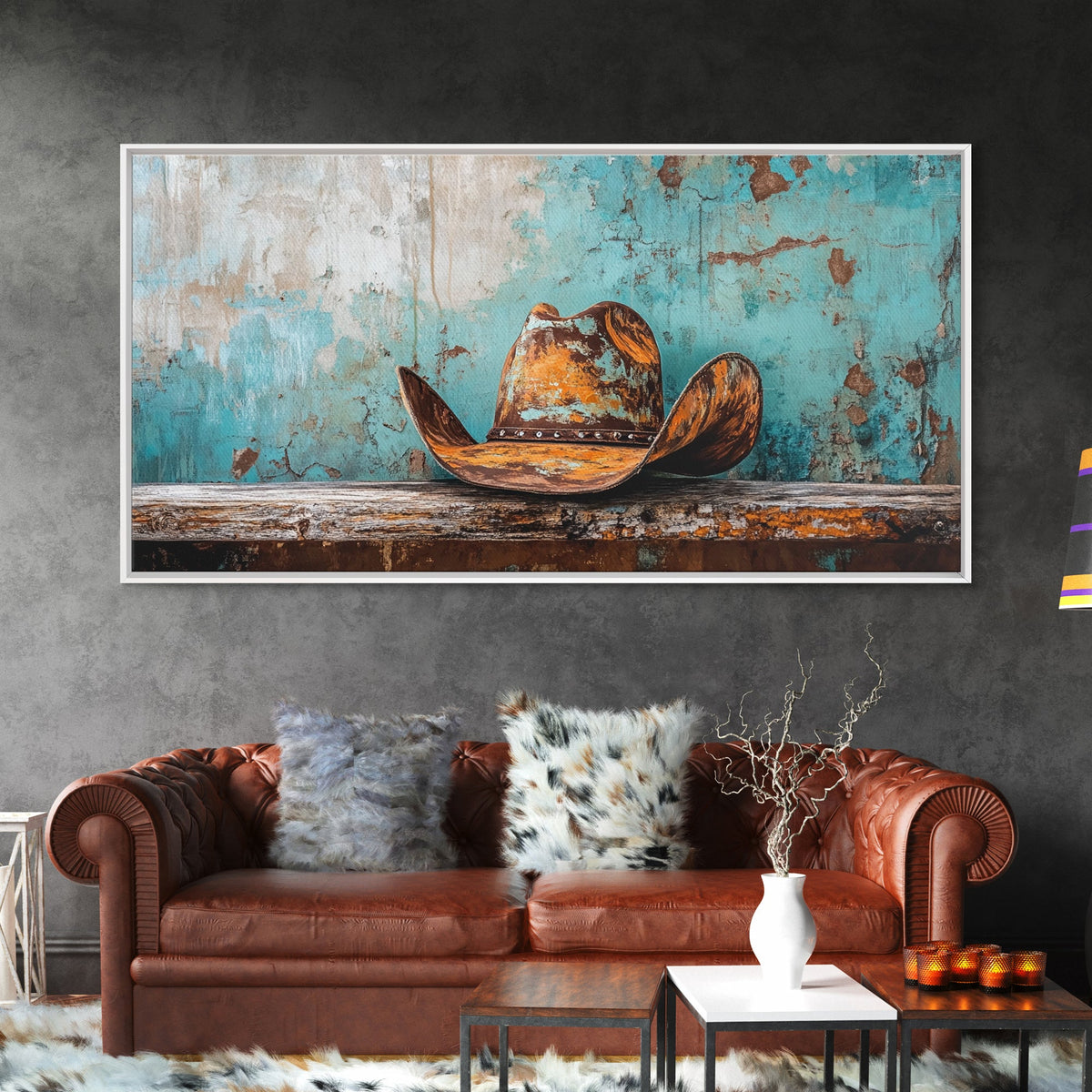 Cowboy Hat Art, Framed Canvas Print, Rustic Decor, Southwest Wall Art, Extra Wide Art, Farmhouse Art, Moody Art, Western Wall Art