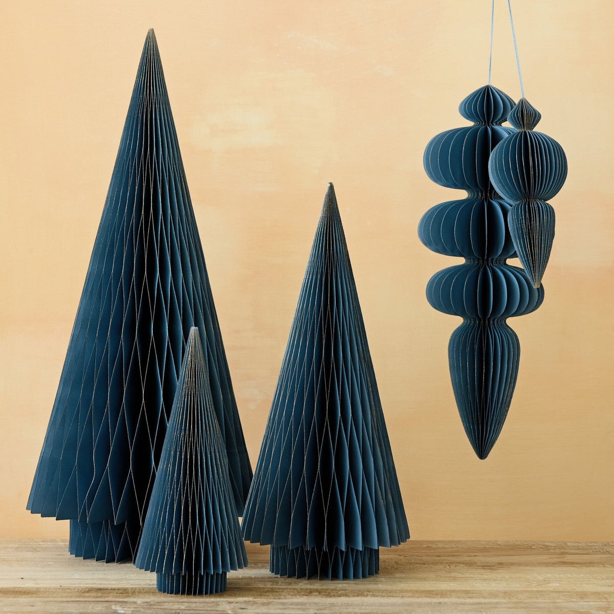 Blue Handmade Recycled Paper Honeycomb Finial Ornament with Gold Glitter – 2 Sizes