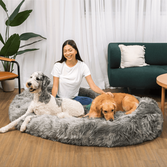Lit pour chien en mousse à mémoire de forme et fausse fourrure taille humaine PupCloud™ - Gris anthracite