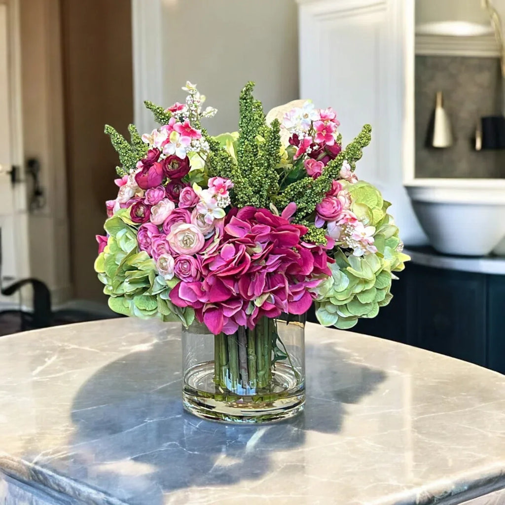 Luxury Faux Hydrangea, Ranunculus & Cherry Blossom Arrangement in Clear Glass Vase