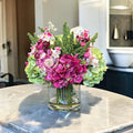 Luxury Faux Hydrangea, Ranunculus & Cherry Blossom Arrangement in Clear Glass Vase