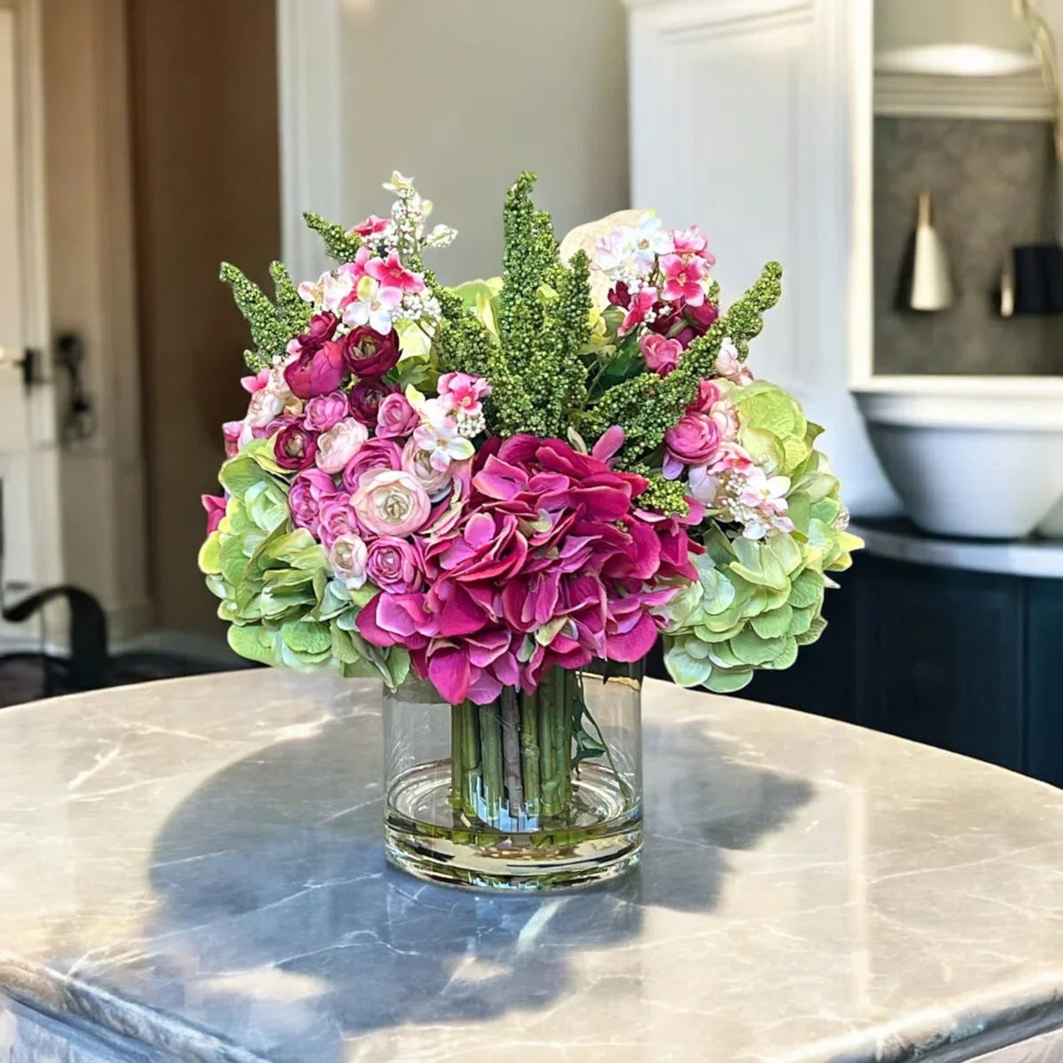 Luxury Faux Hydrangea, Ranunculus & Cherry Blossom Arrangement in Clear Glass Vase