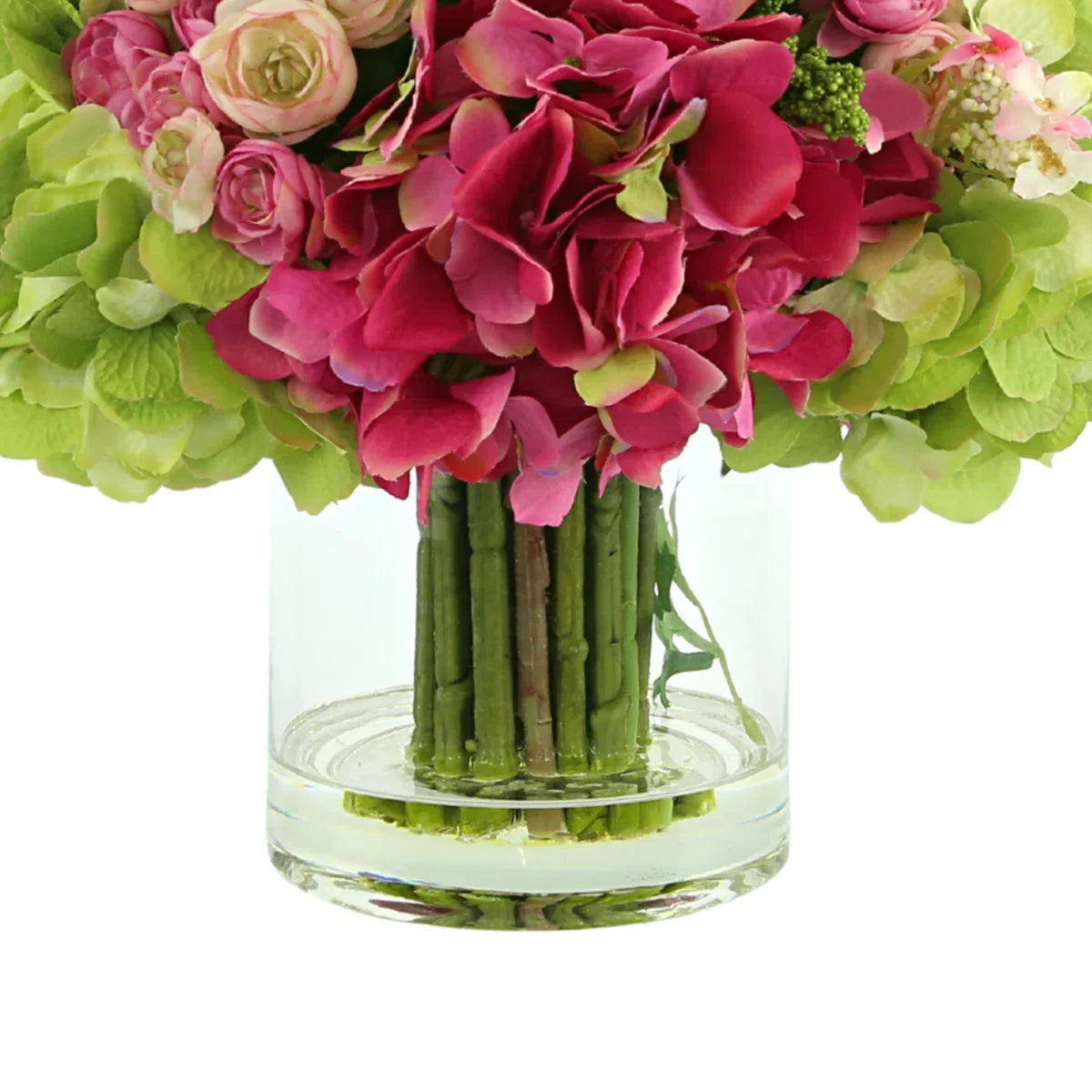 Luxury Faux Hydrangea, Ranunculus & Cherry Blossom Arrangement in Clear Glass Vase