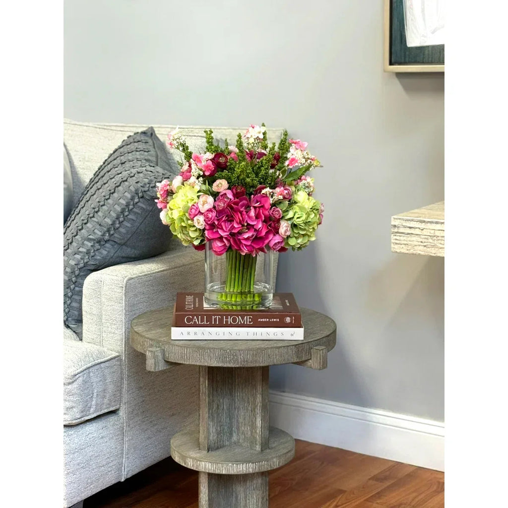 Luxury Faux Hydrangea, Ranunculus & Cherry Blossom Arrangement in Clear Glass Vase