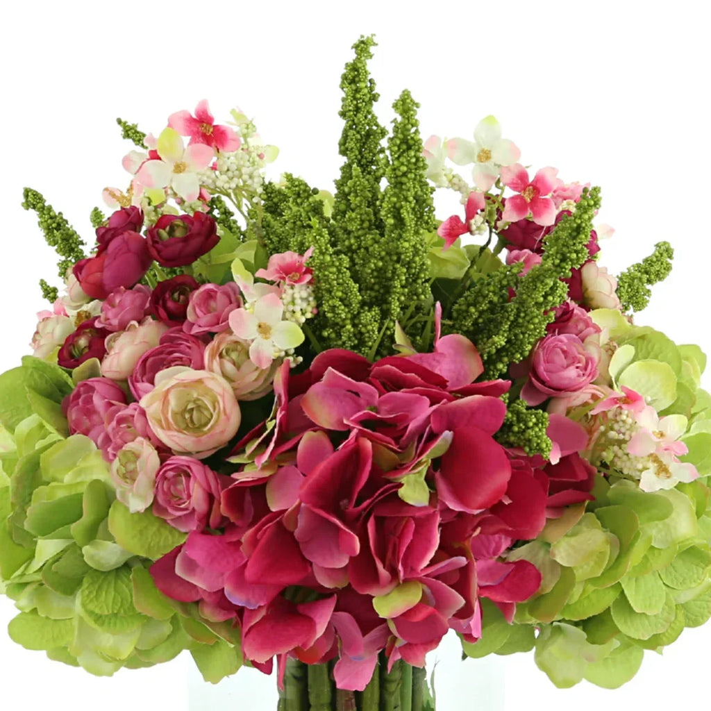 Luxury Faux Hydrangea, Ranunculus & Cherry Blossom Arrangement in Clear Glass Vase