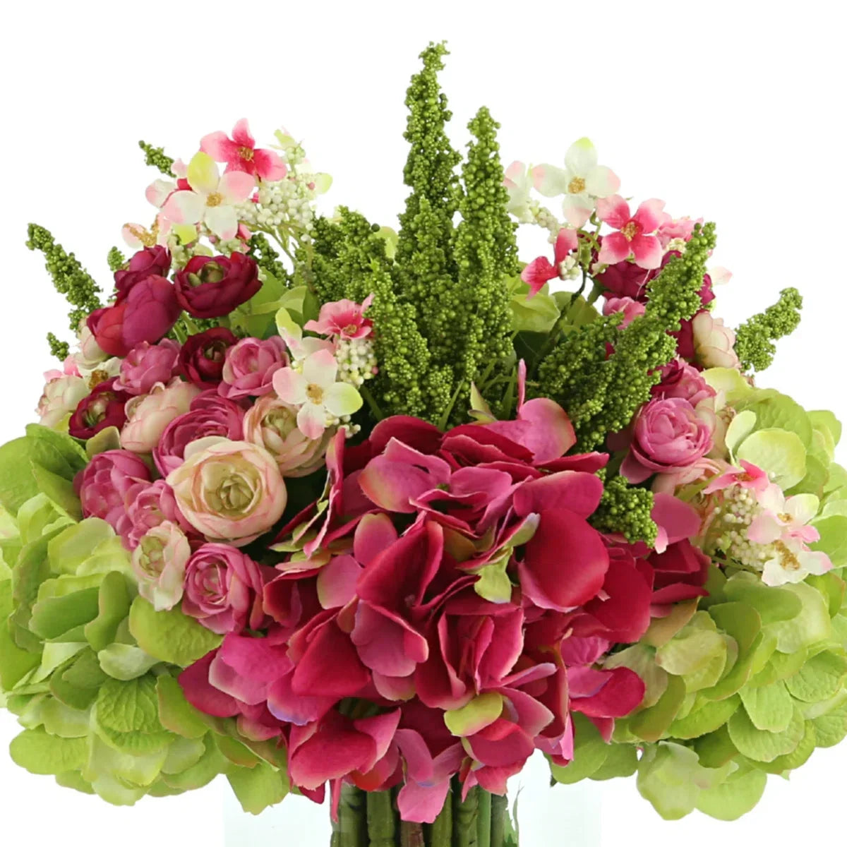 Luxury Faux Hydrangea, Ranunculus & Cherry Blossom Arrangement in Clear Glass Vase