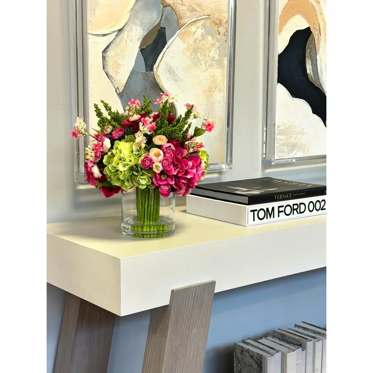 Luxury Faux Hydrangea, Ranunculus & Cherry Blossom Arrangement in Clear Glass Vase