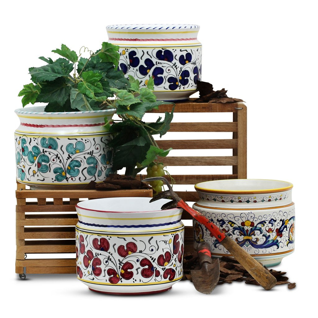 ORVIETO BLUE ROOSTER: Cylindrical Cover Pot - Cachepot Planter (Small)