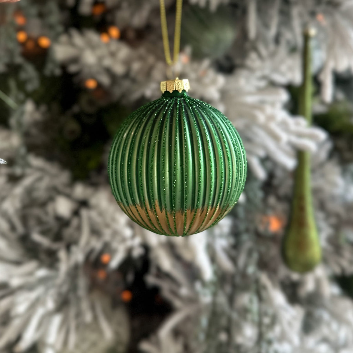 Green Glitter Ribbed Glass Ornament with Gold Bottom - 3.5" Christmas Decor
