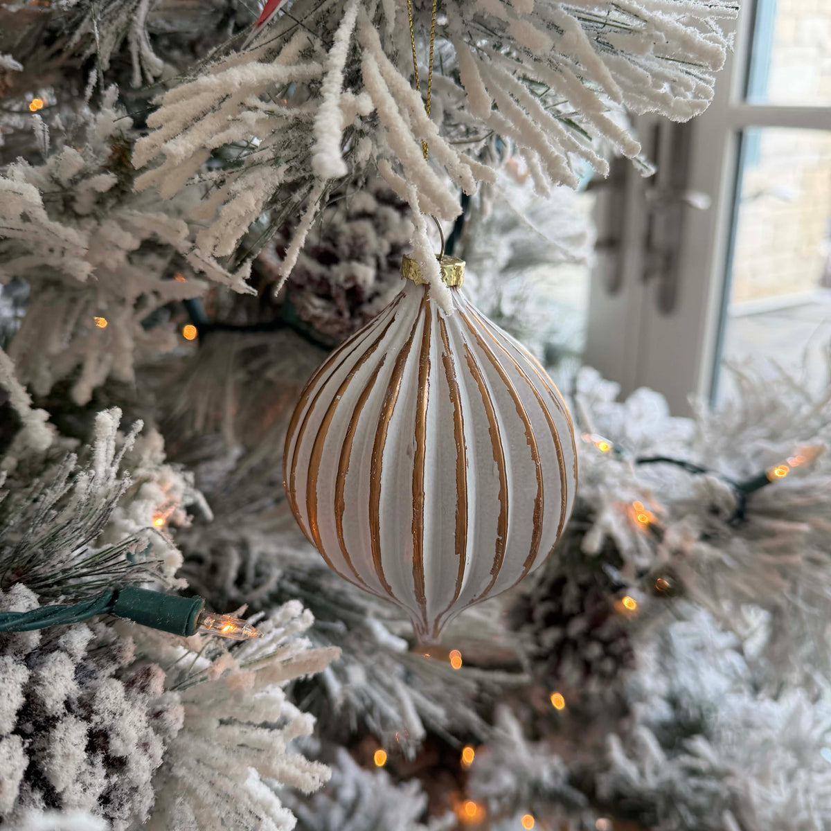 White and Gold Rustic Lattice Finial Glass Ornament - 5" Vintage Christmas