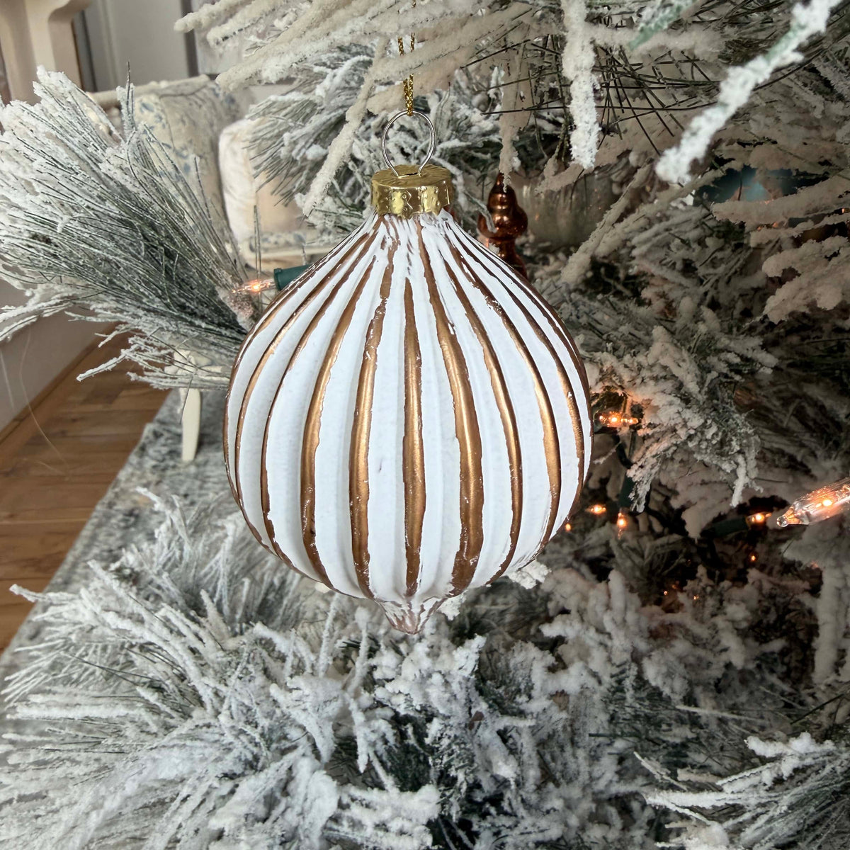 White and Gold Rustic Lattice Finial Glass Ornament - 5" Vintage Christmas