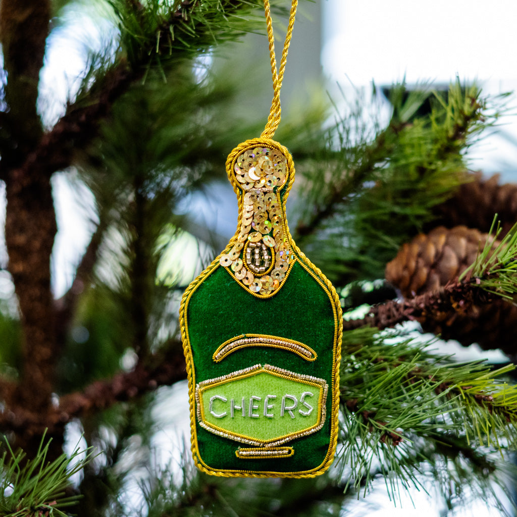 Green Velvet Champagne Bottle Ornament