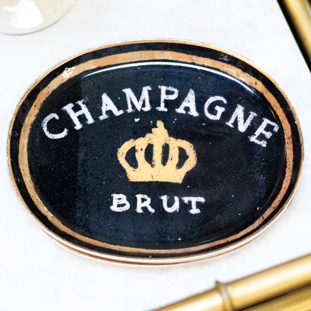 Black Enameled Metal Tray "Champagne Brut"