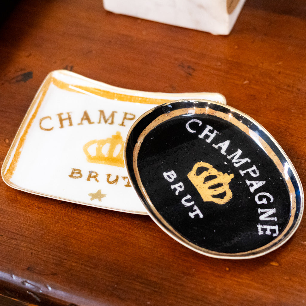 Cream Enameled Metal Tray "Champagne Brut"