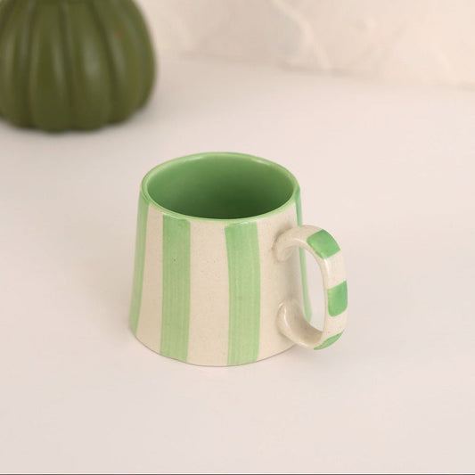 Tasse à café rayures vertes | Mug en grès peint à la main | 220 ml (Lot de 2)