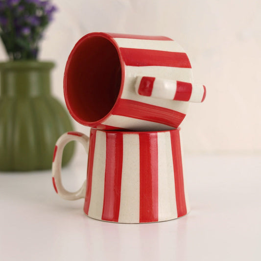 Tasse à café Red Stripe | Mug en grès peint à la main | 220 ml (Ensemble de 2)