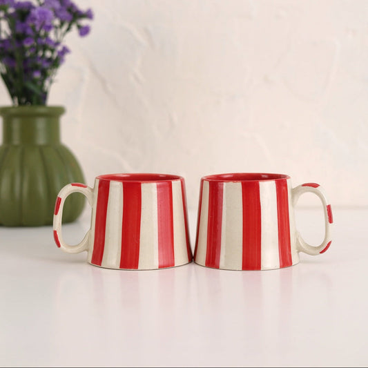 Tasse à café Red Stripe | Mug en grès peint à la main | 220 ml (Ensemble de 2)