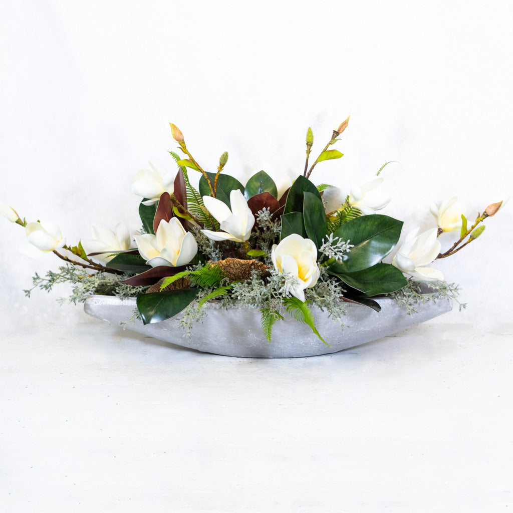 White Saucer Magnolia Elongated Centerpiece Drop In