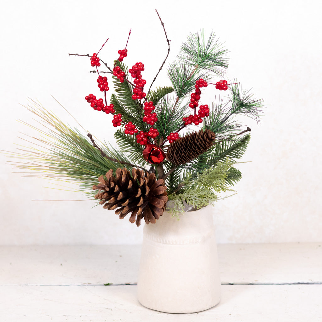 Mixed Pine with Pinecones Red Berries and Red Bell Spray