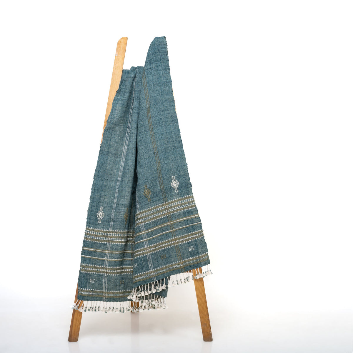 Teal Blue Indian Wool Throw Blanket, Handwoven Sofa Coverlet with Boho Reading Chair Accent - LAPIS