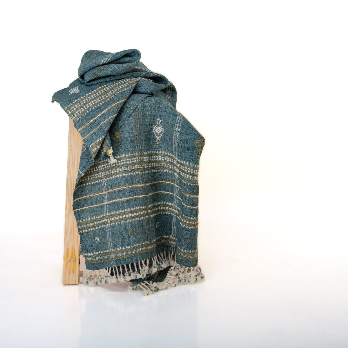 Teal Blue Indian Wool Throw Blanket, Handwoven Sofa Coverlet with Boho Reading Chair Accent - LAPIS