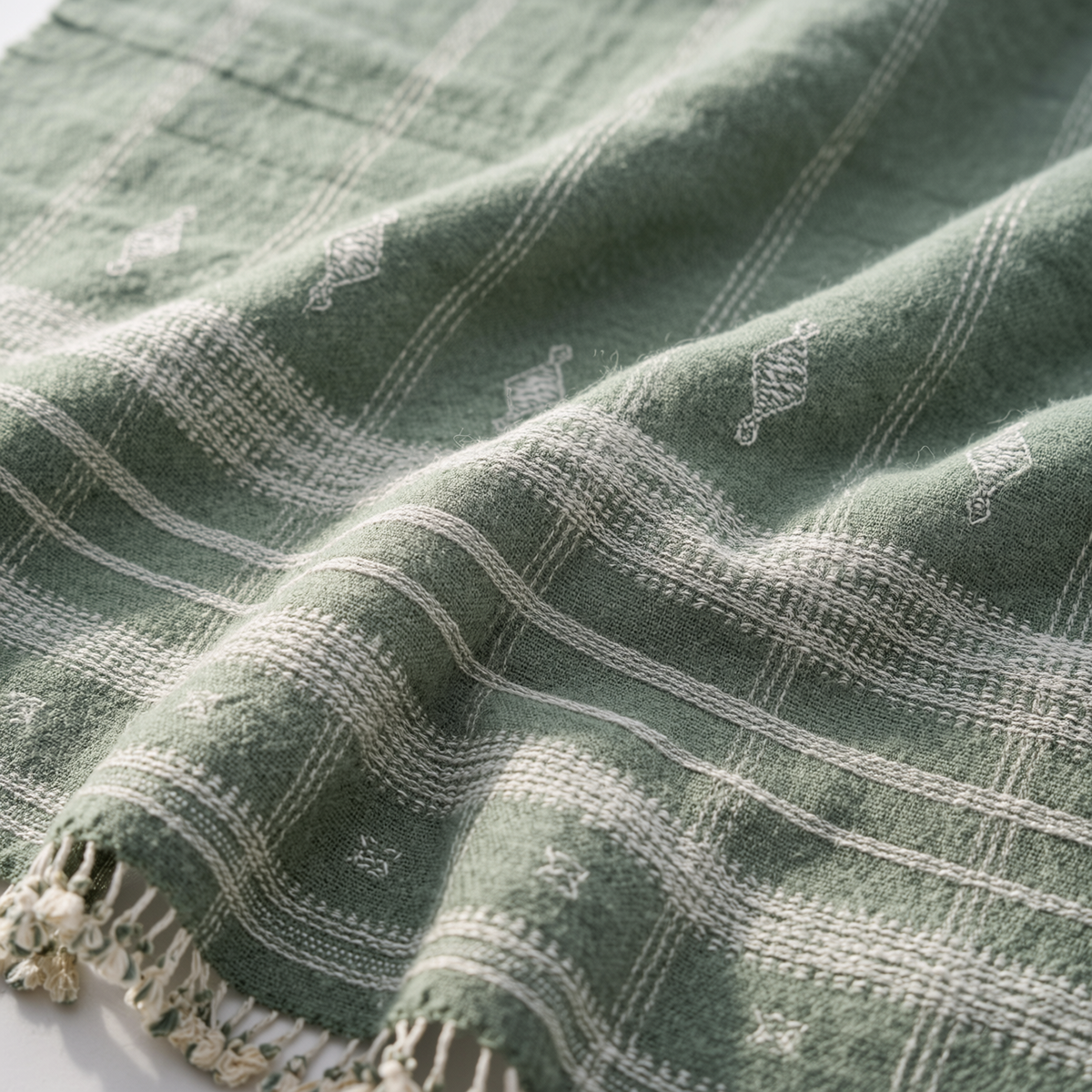 Soft Green Indian Wool Throw Blanket, Handwoven Couch Coverlet with Minimalist Bed Accent - EMRALD
