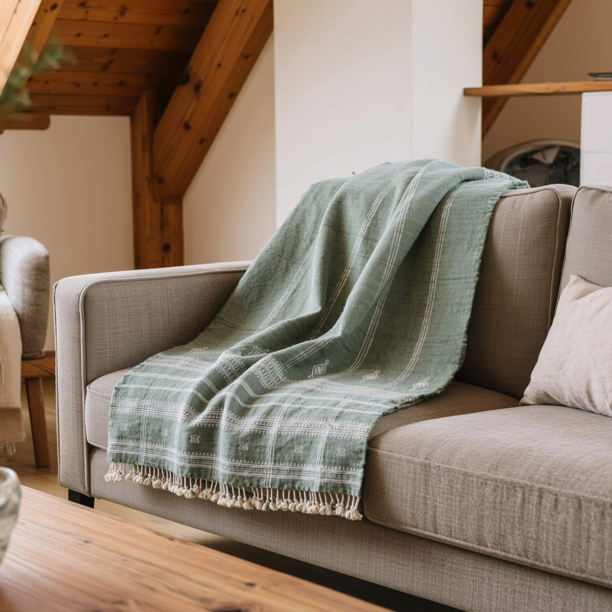Soft Green Indian Wool Throw Blanket, Handwoven Couch Coverlet with Minimalist Bed Accent - EMRALD