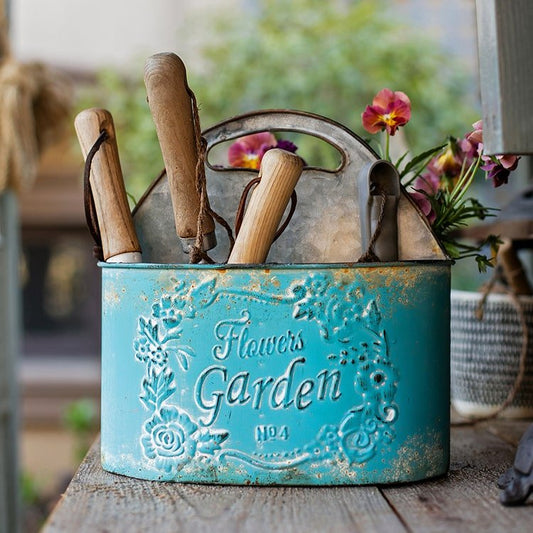 Organisateur d'outils en métal bleu pour jardin fleuri