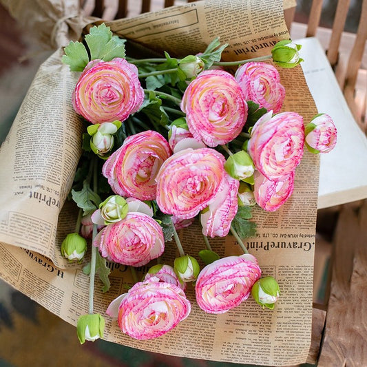 Bouquet de renoncules artificielles en soie synthétique, rose et violet, 53 cm de hauteur