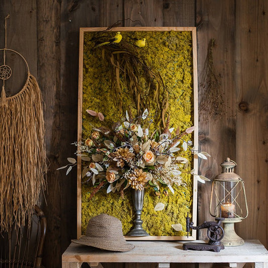 Décoration murale encadrée 3D : fleurs artificielles dans un grand vase oiseau doré