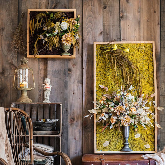 Décoration murale encadrée 3D : fleurs artificielles dans un grand vase oiseau doré