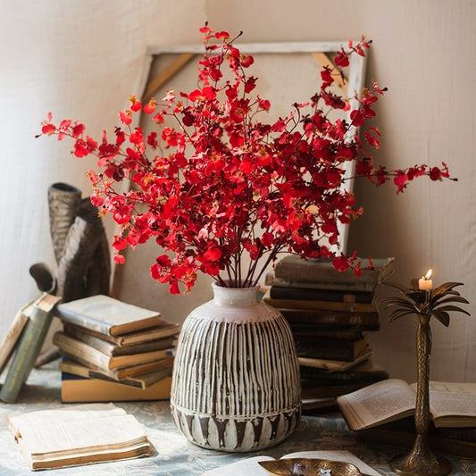 Tige d'orchidée Oncidium impressionniste rouge, 79 cm de hauteur