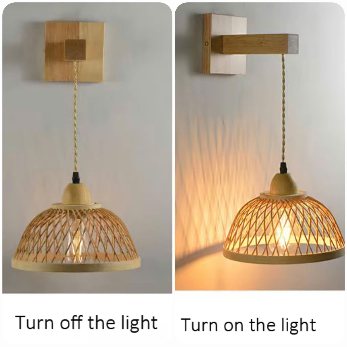 Adjustable Wooden Swing Arm Wall Lamp with Woven Bamboo Shade