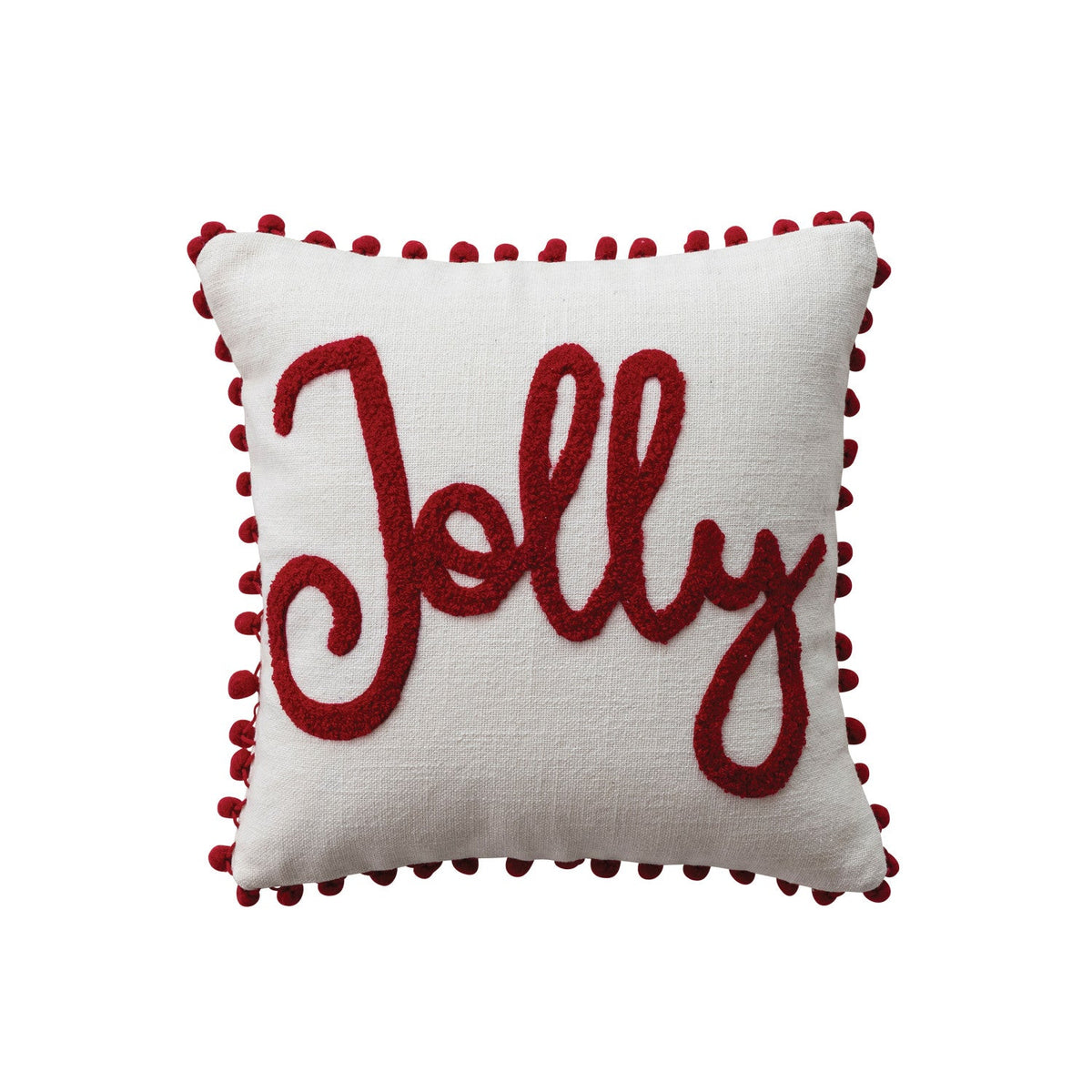 12" White & Red Cotton Slub Pillow with Tufted "Jolly" & Pom Pom Trim